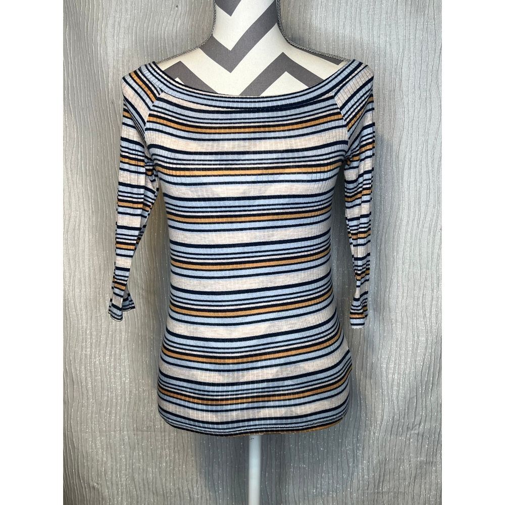 Zara Blue & Orange Stripe Ribbed Off the Shoulder Half Sleeve Shirt